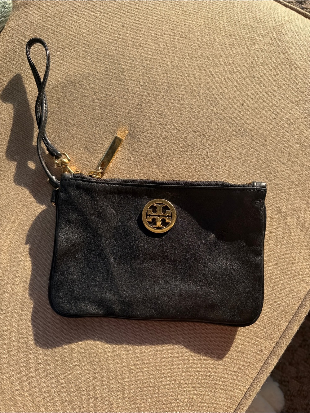 Tory Burch Black Leather Wristlet with Gold Logo